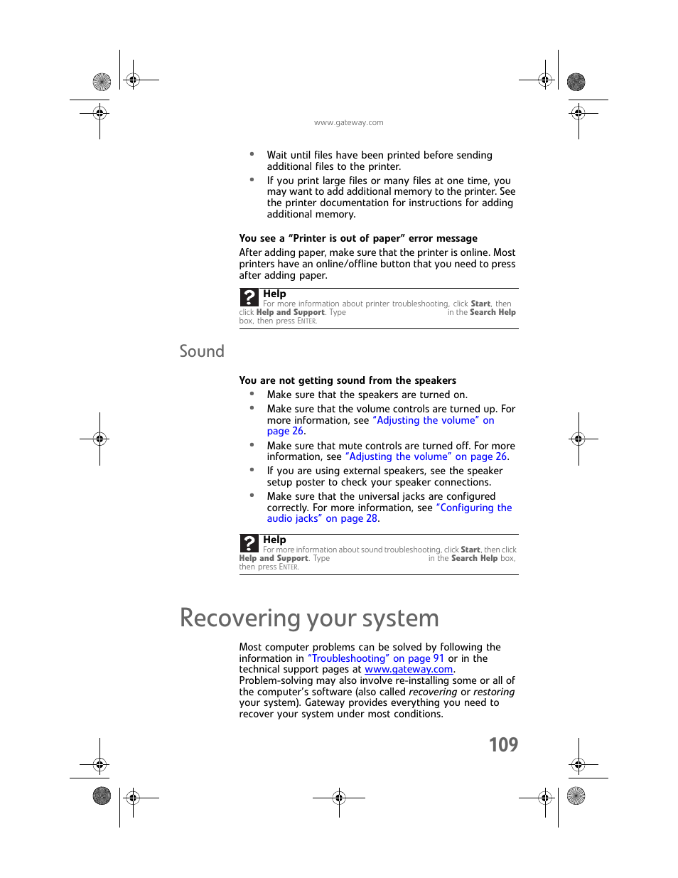 You see a “printer is out of paper” error message, Sound, You are not getting sound from the speakers | Recovering your system | Gateway MAN FX510 User Manual | Page 115 / 150