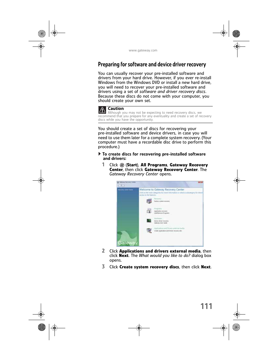 Preparing for software and device driver recovery | Gateway MAN FX510 User Manual | Page 117 / 150
