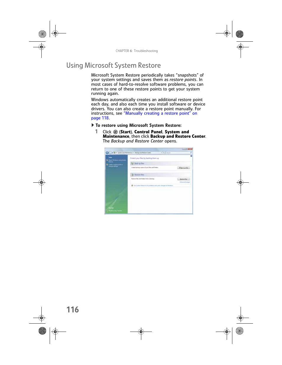 Using microsoft system restore, To restore using microsoft system restore, Using microsoft system | Gateway MAN FX510 User Manual | Page 122 / 150