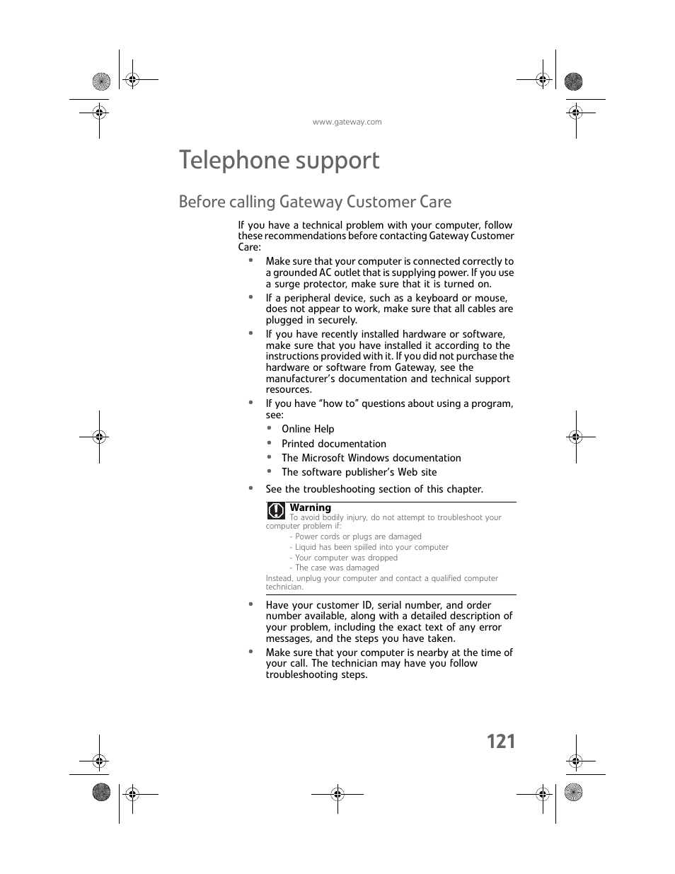 Telephone support, Before calling gateway customer care | Gateway MAN FX510 User Manual | Page 127 / 150