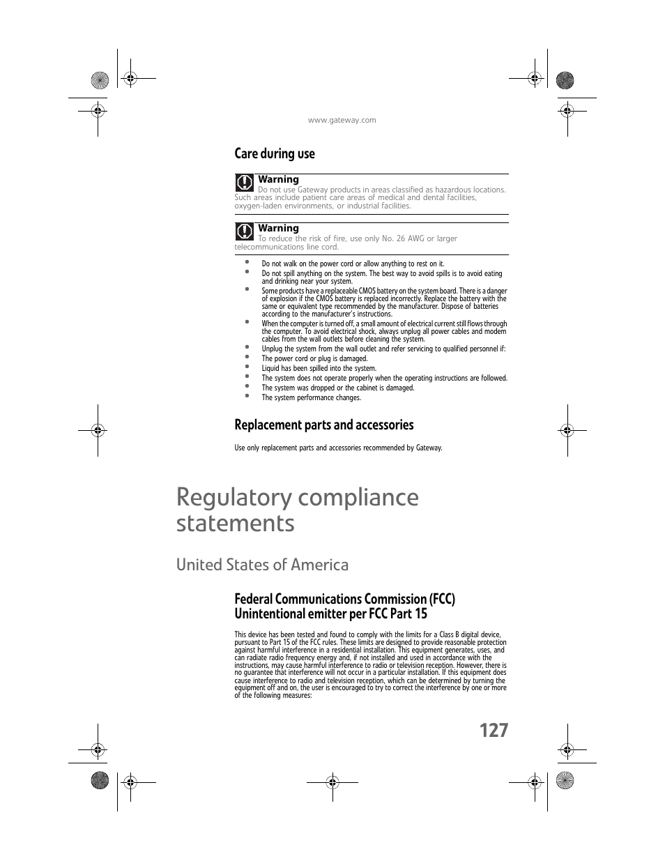 Regulatory compliance statements, United states of america, Care during use | Replacement parts and accessories | Gateway MAN FX510 User Manual | Page 133 / 150