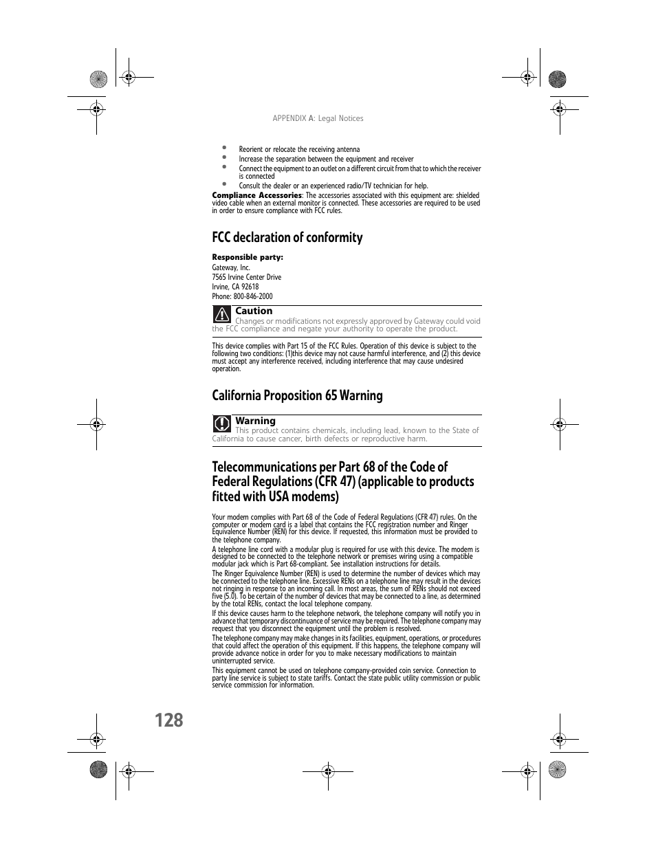 Fcc declaration of conformity | Gateway MAN FX510 User Manual | Page 134 / 150