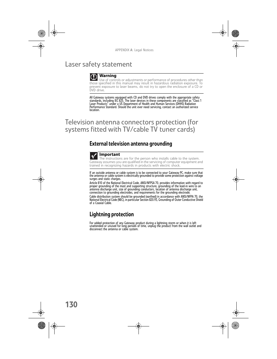 Laser safety statement, External television antenna grounding, Lightning protection | Gateway MAN FX510 User Manual | Page 136 / 150