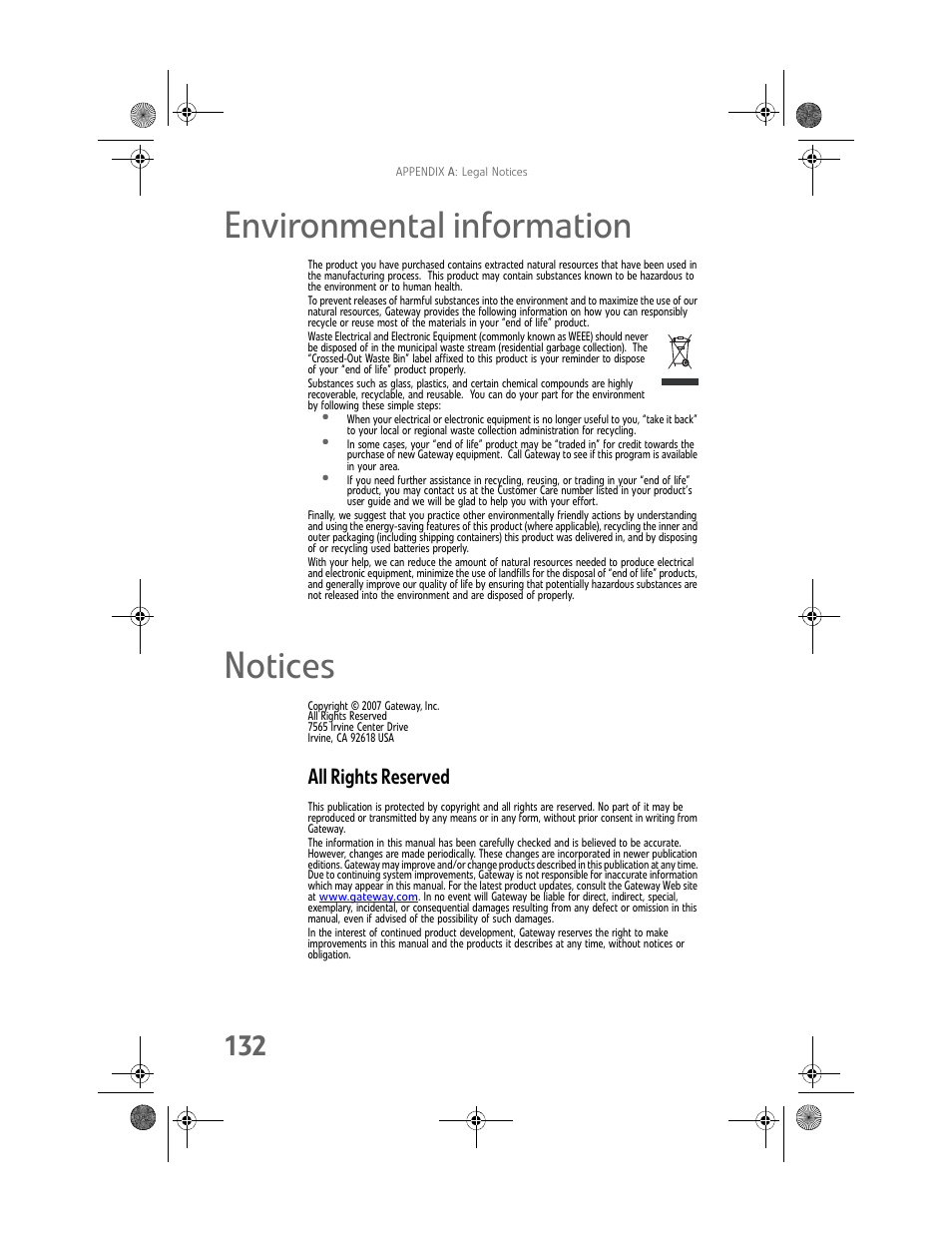 Environmental information, Notices, All rights reserved | Gateway MAN FX510 User Manual | Page 138 / 150