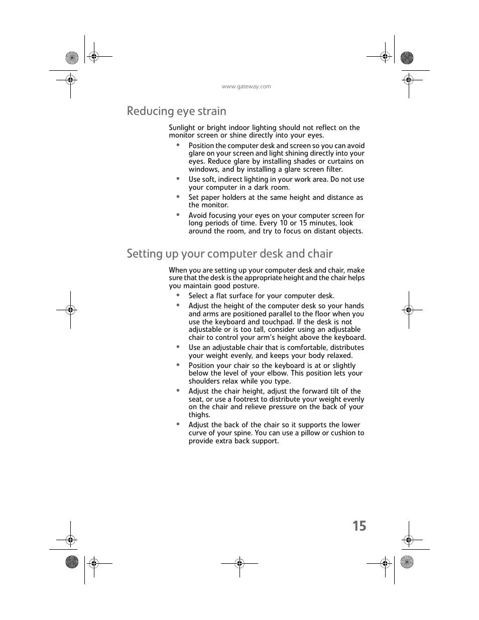Reducing eye strain, Setting up your computer desk and chair | Gateway MAN FX510 User Manual | Page 21 / 150