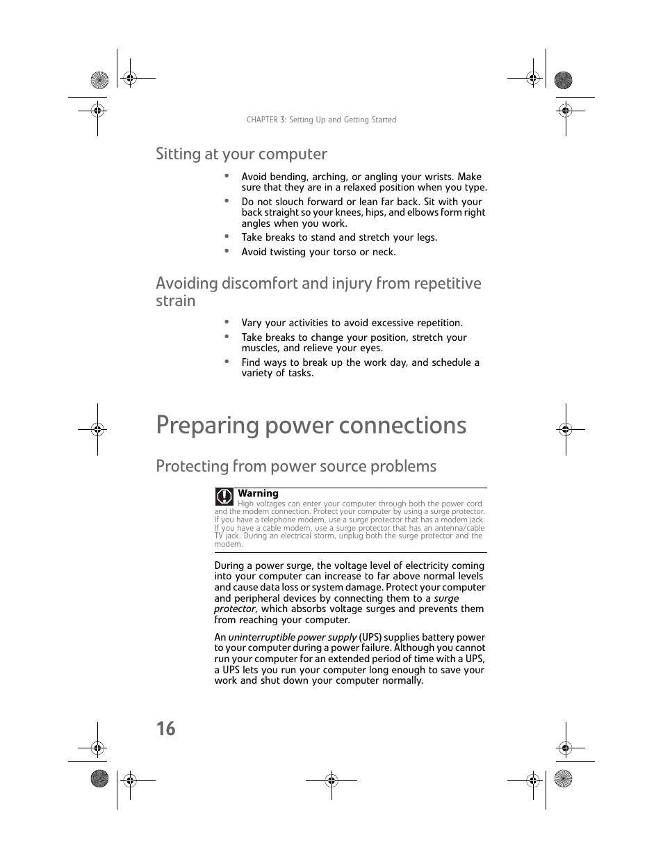 Sitting at your computer, Preparing power connections, Protecting from power source problems | Gateway MAN FX510 User Manual | Page 22 / 150