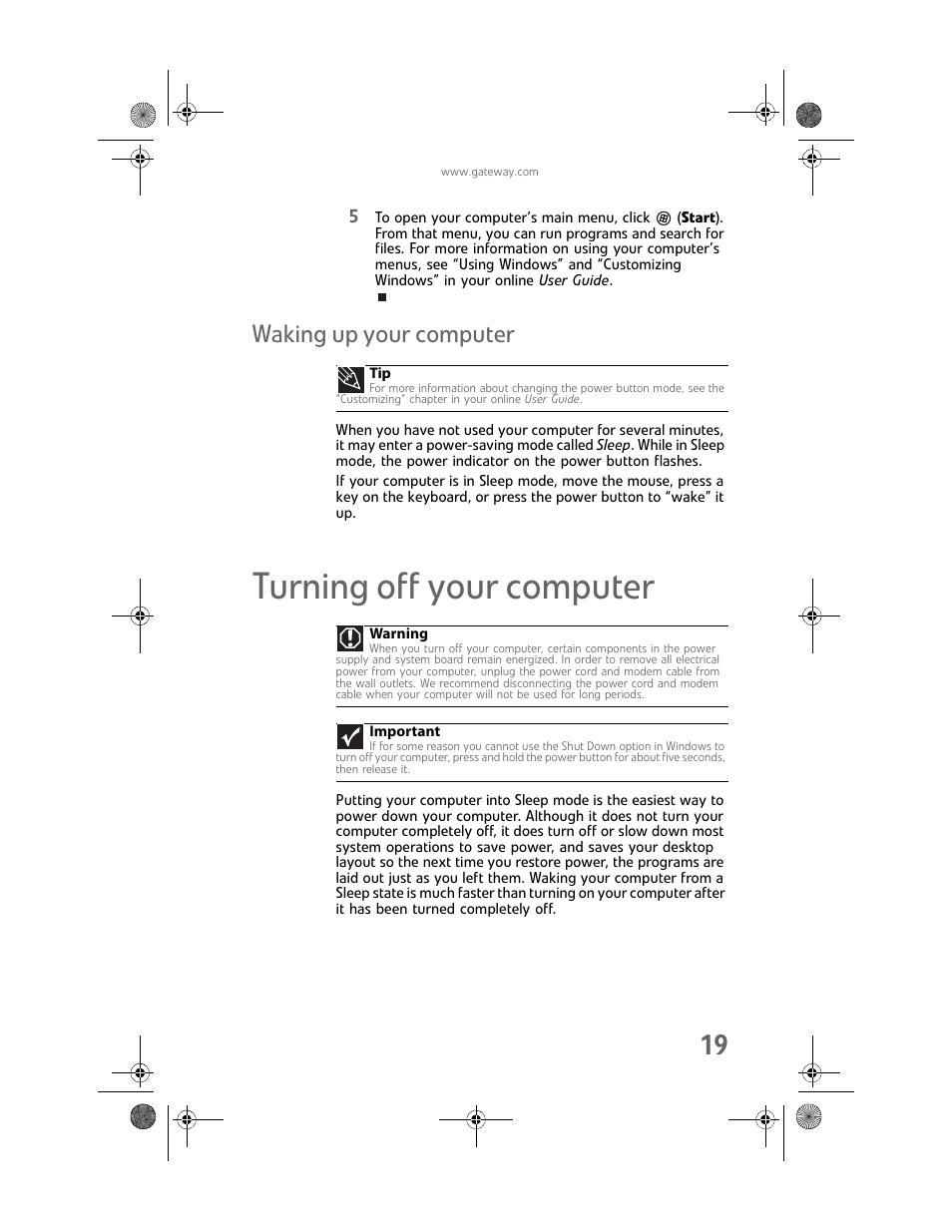 Waking up your computer, Turning off your computer | Gateway MAN FX510 User Manual | Page 25 / 150