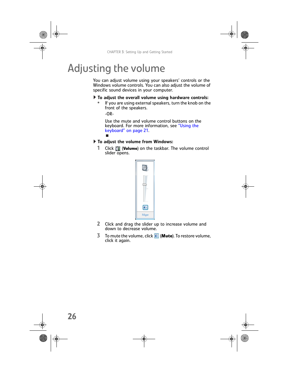 Adjusting the volume, To adjust the volume from windows | Gateway MAN FX510 User Manual | Page 32 / 150