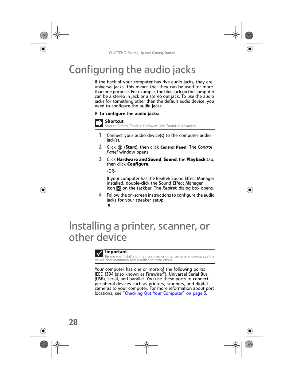 Configuring the audio jacks, To configure the audio jacks, Installing a printer, scanner, or other device | Installing a printer, scanner, Configuring, Installing a printer, scanner, or other, Configuring the, Installing a printer | Gateway MAN FX510 User Manual | Page 34 / 150