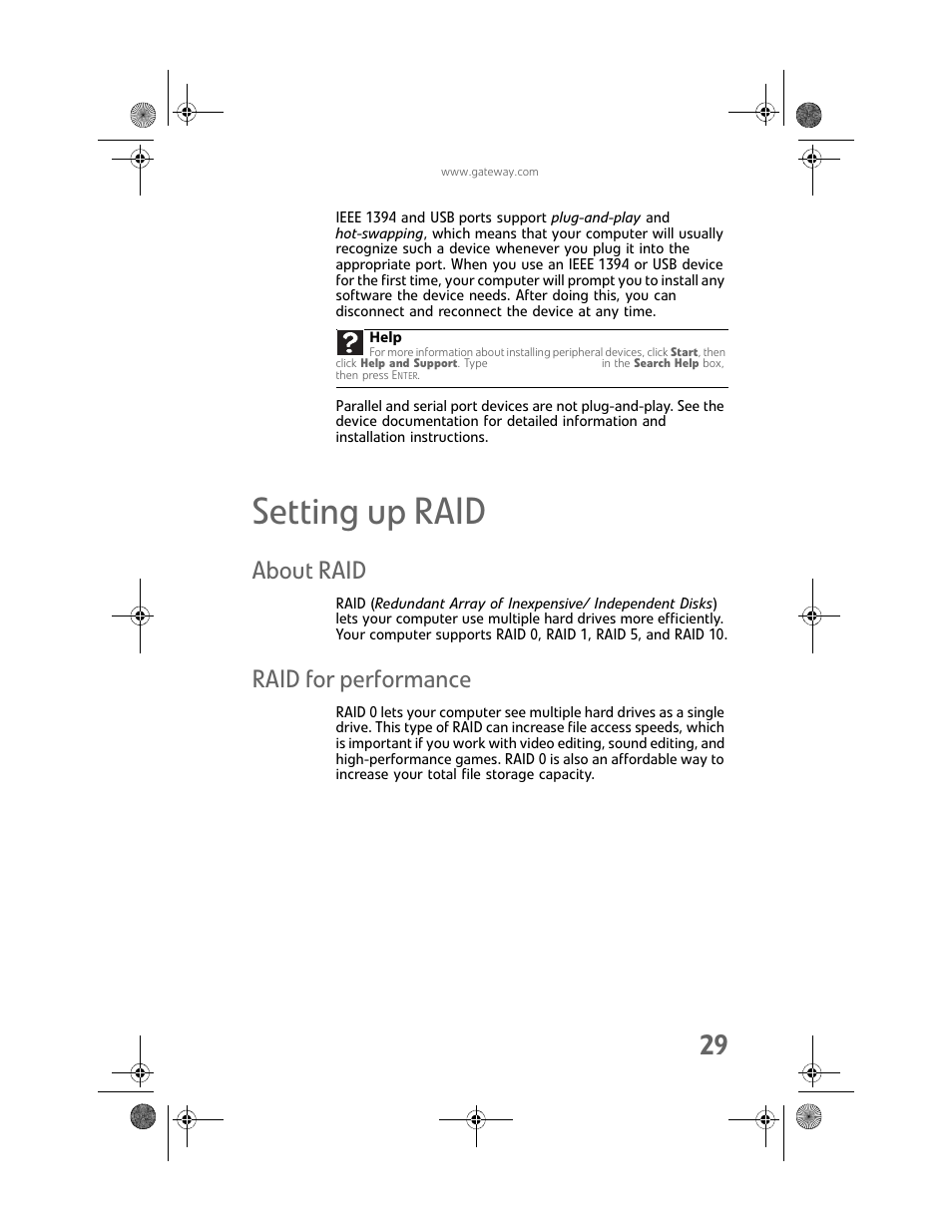 Setting up raid, About raid, Raid for performance | Gateway MAN FX510 User Manual | Page 35 / 150