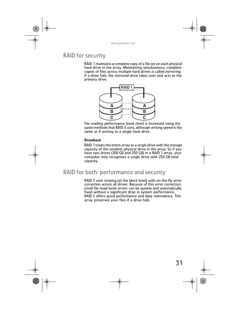 Raid for security, Drawback, Raid for both: performance and security | Gateway MAN FX510 User Manual | Page 37 / 150