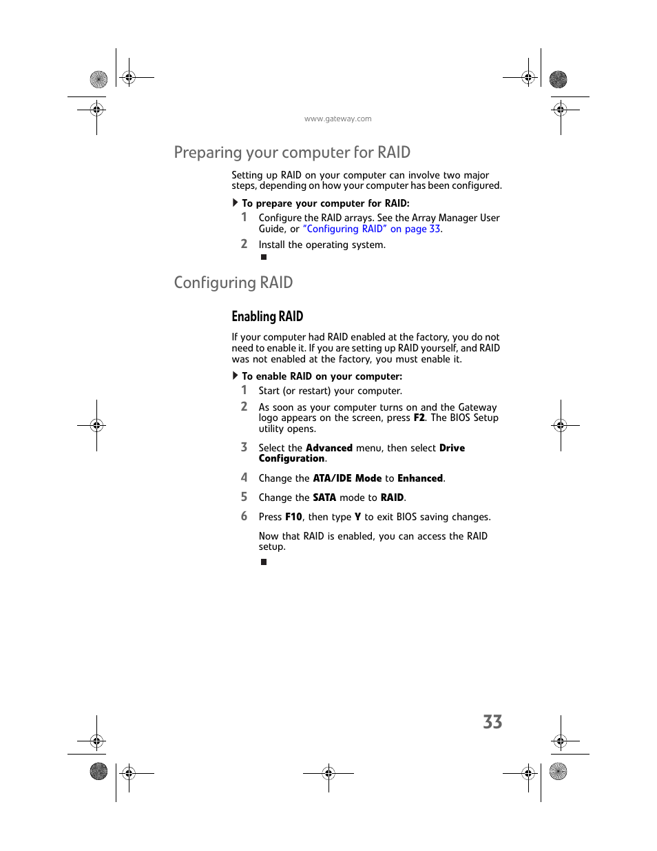Preparing your computer for raid, To prepare your computer for raid, Configuring raid | Enabling raid, To enable raid on your computer, Preparing your computer for raid configuring raid | Gateway MAN FX510 User Manual | Page 39 / 150