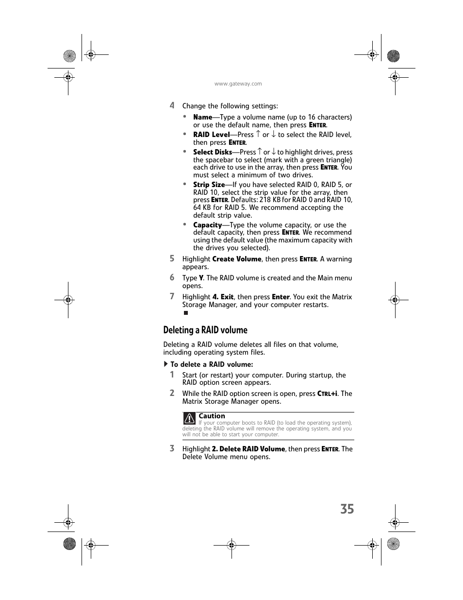 Deleting a raid volume, To delete a raid volume | Gateway MAN FX510 User Manual | Page 41 / 150