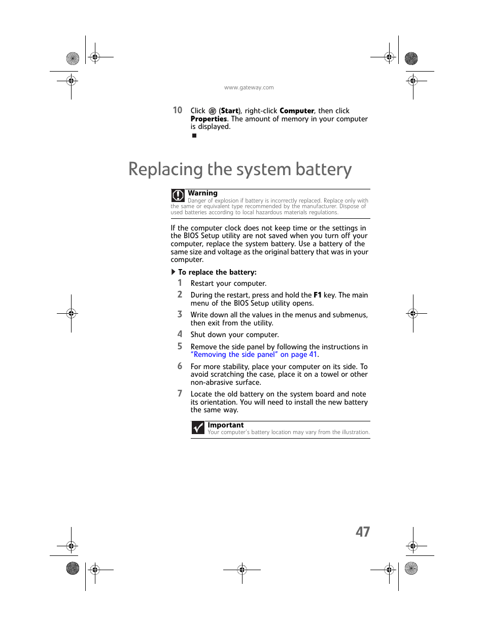 Replacing the system battery, To replace the battery | Gateway MAN FX510 User Manual | Page 53 / 150