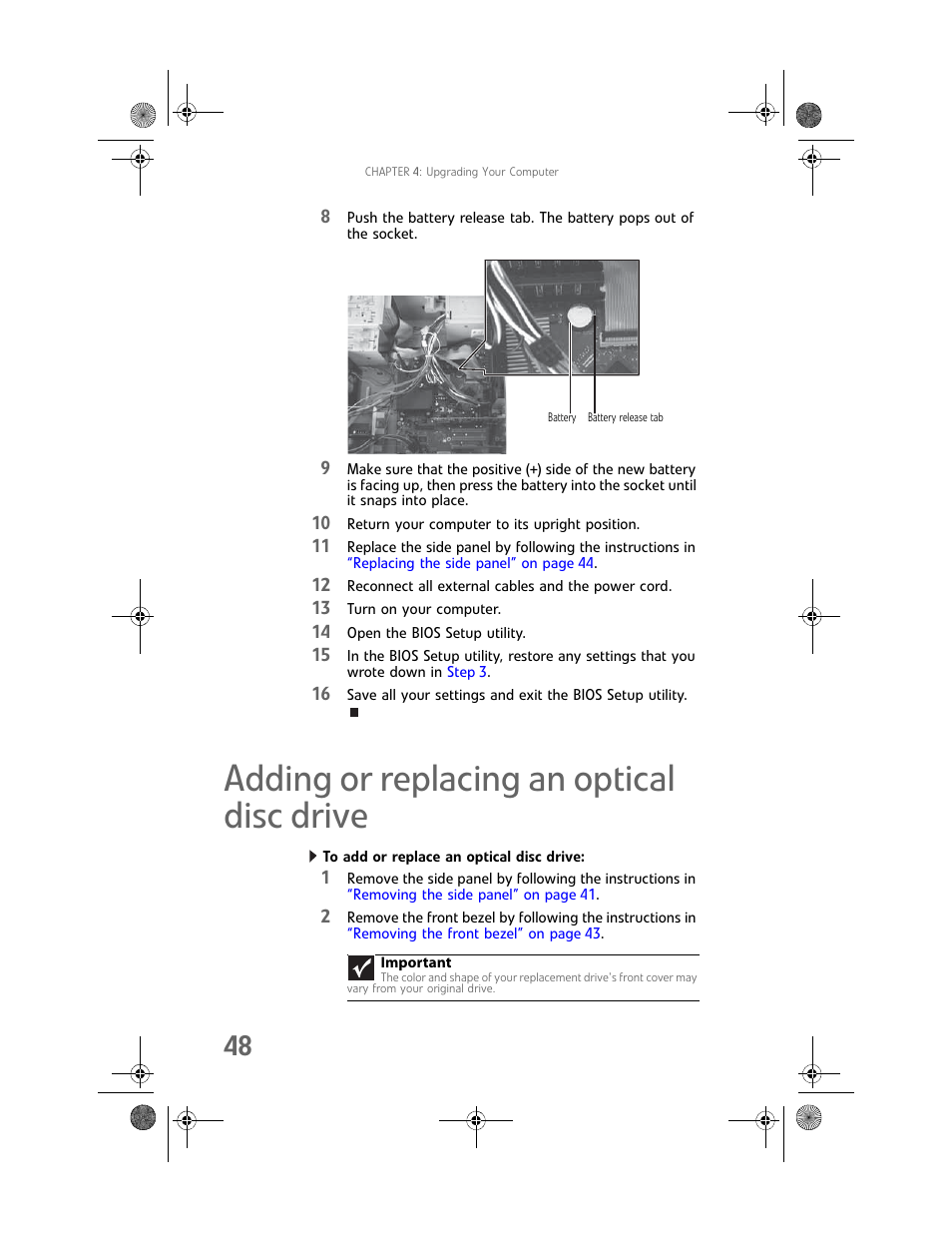 Adding or replacing an optical disc drive, To add or replace an optical disc drive | Gateway MAN FX510 User Manual | Page 54 / 150