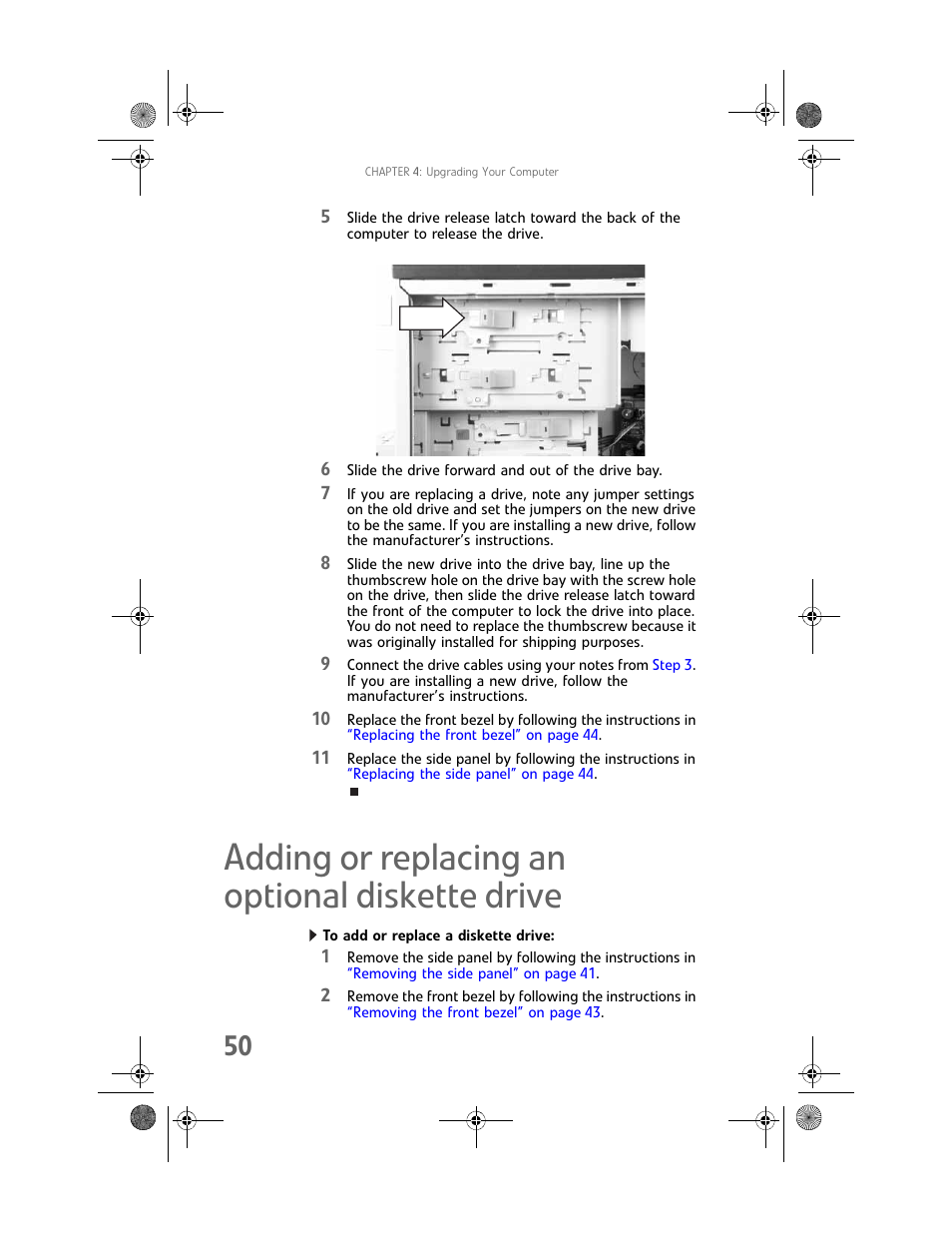 Adding or replacing an optional diskette drive, To add or replace a diskette drive | Gateway MAN FX510 User Manual | Page 56 / 150