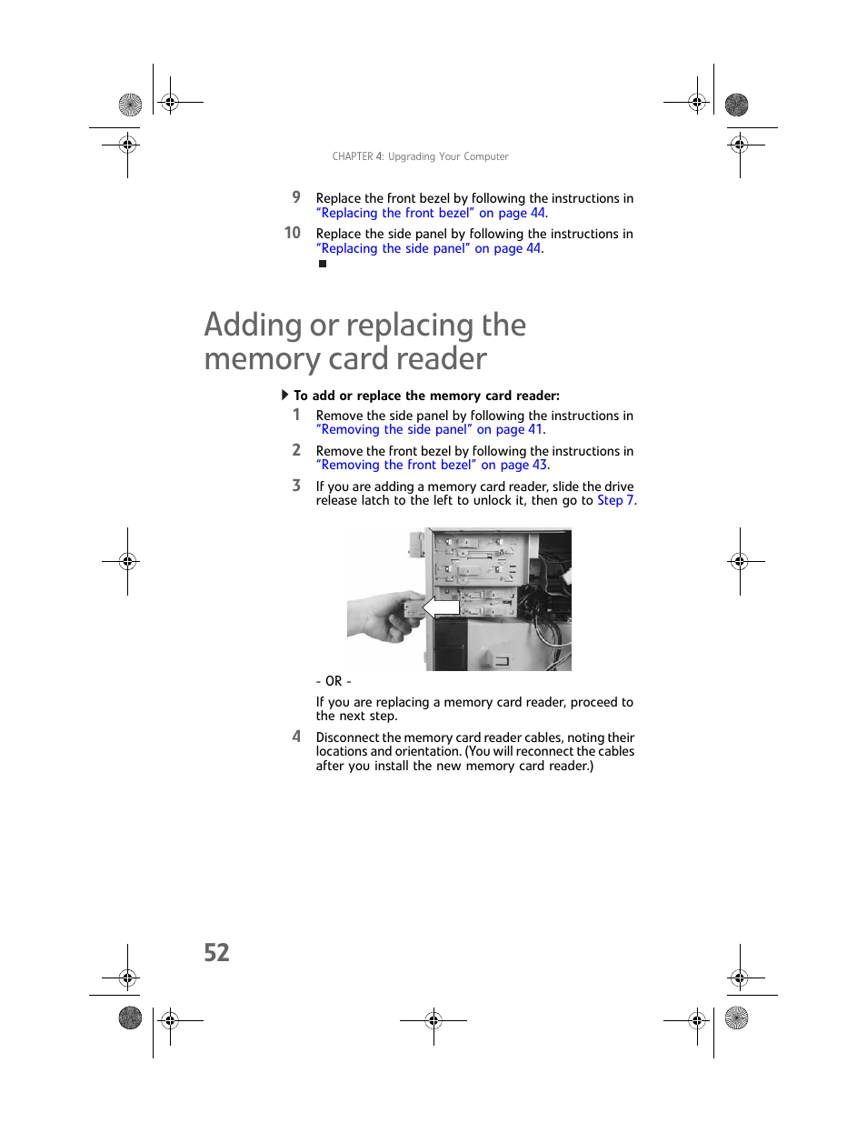 Adding or replacing the memory card reader, To add or replace the memory card reader | Gateway MAN FX510 User Manual | Page 58 / 150