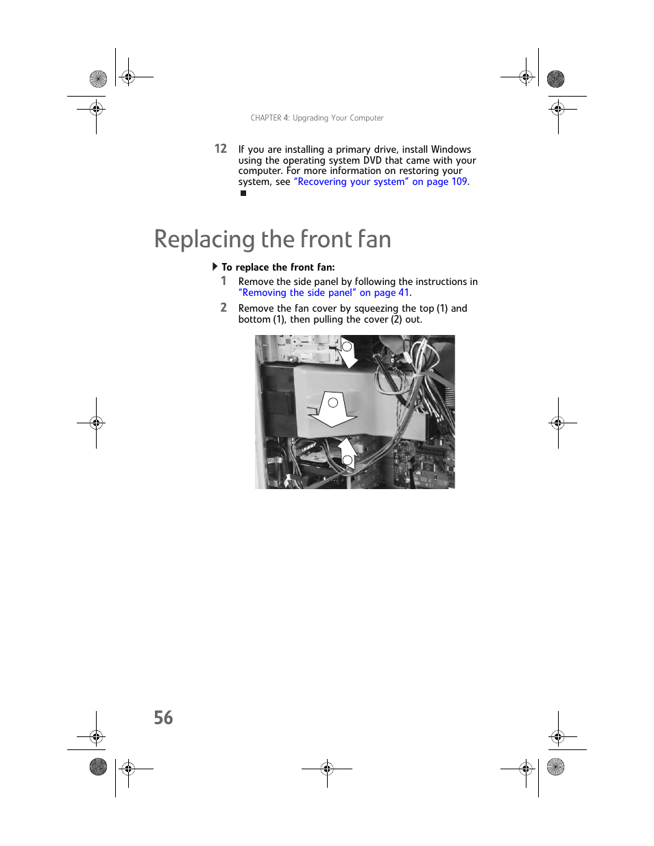 Replacing the front fan, To replace the front fan | Gateway MAN FX510 User Manual | Page 62 / 150