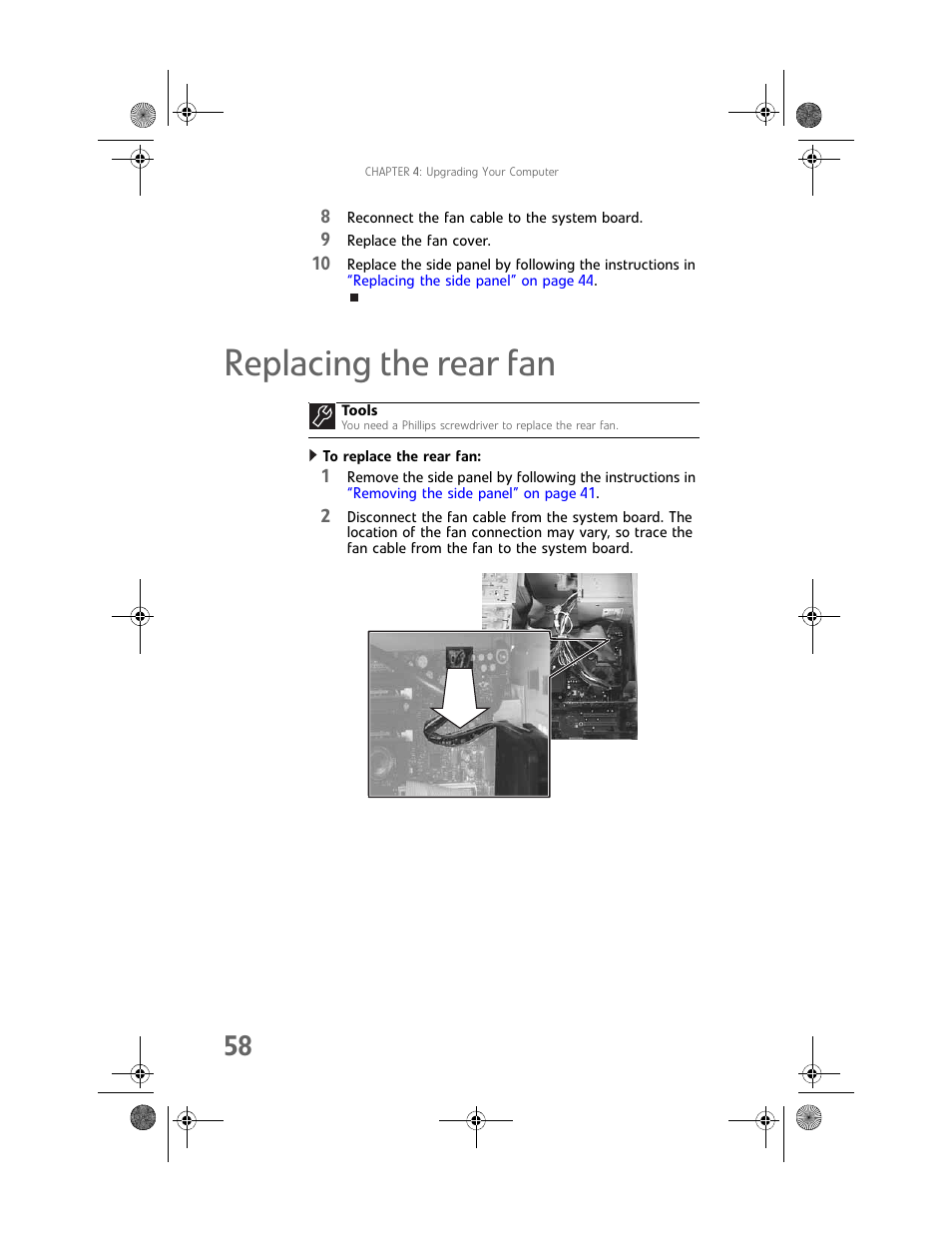 Replacing the rear fan, To replace the rear fan | Gateway MAN FX510 User Manual | Page 64 / 150