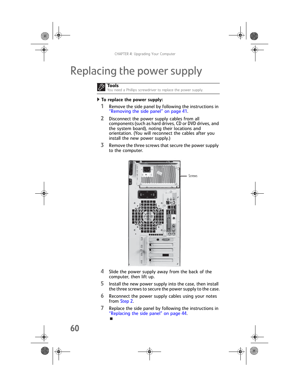 Replacing the power supply, To replace the power supply | Gateway MAN FX510 User Manual | Page 66 / 150