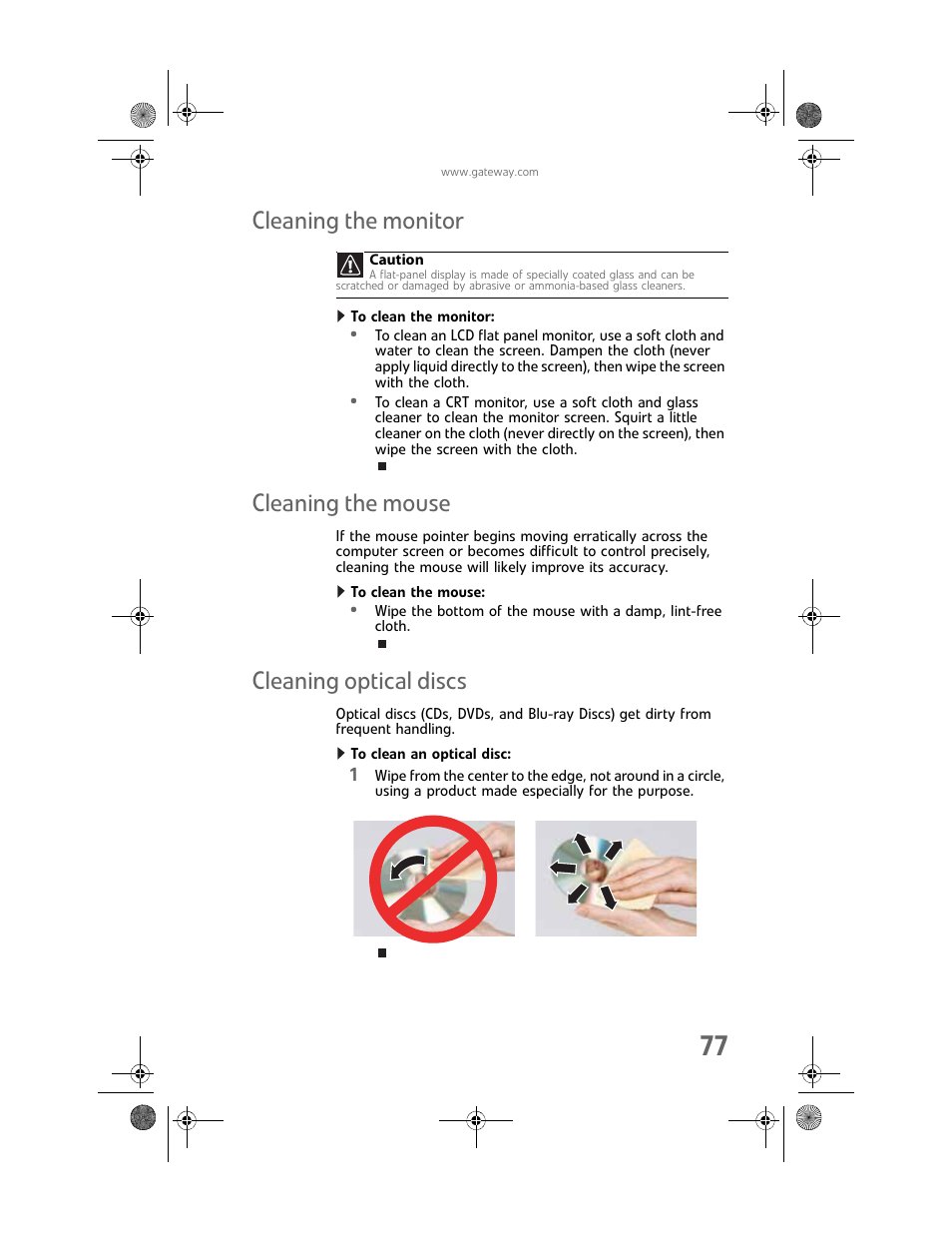 Cleaning the monitor, To clean the monitor, Cleaning the mouse | To clean the mouse, Cleaning optical discs, To clean an optical disc, Cleaning the mouse cleaning optical discs | Gateway MAN FX510 User Manual | Page 83 / 150