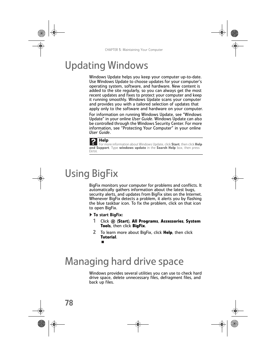 Updating windows, Using bigfix, To start bigfix | Managing hard drive space | Gateway MAN FX510 User Manual | Page 84 / 150