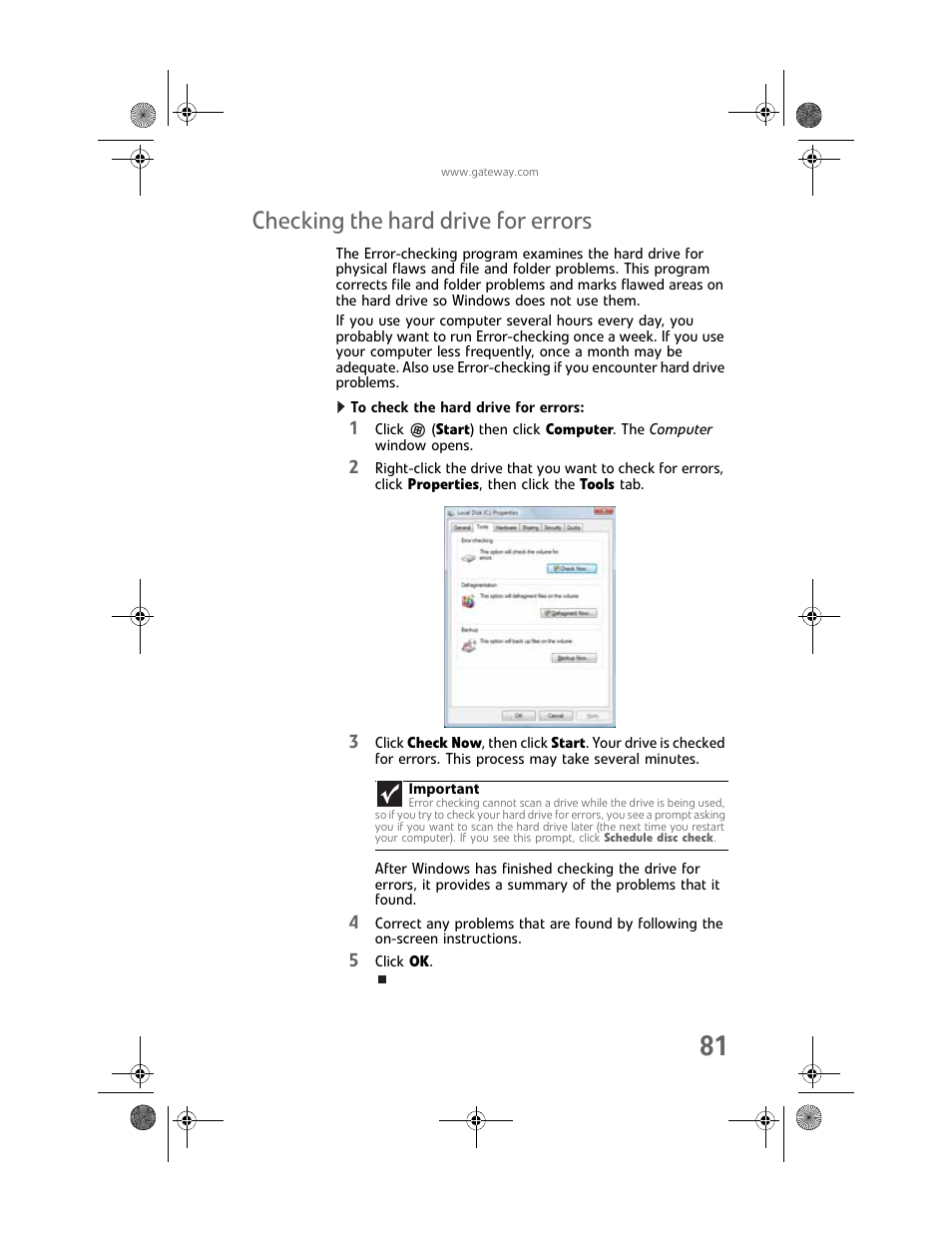 Checking the hard drive for errors, To check the hard drive for errors | Gateway MAN FX510 User Manual | Page 87 / 150
