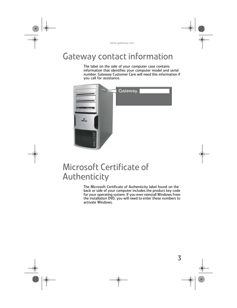 Gateway contact information, Microsoft certificate of authenticity | Gateway MAN FX510 User Manual | Page 9 / 150