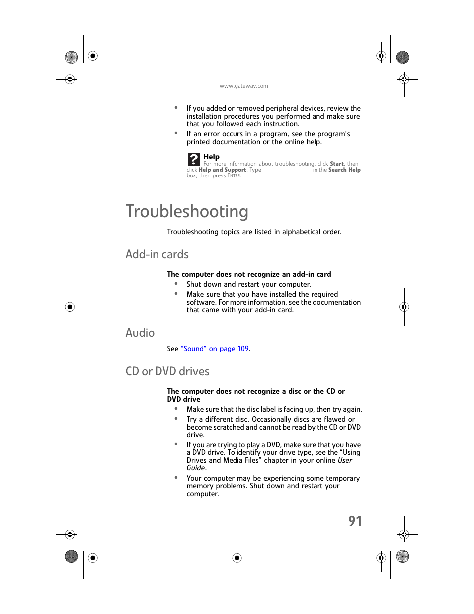 Troubleshooting, Add-in cards, The computer does not recognize an add-in card | Audio, Cd or dvd drives, Add-in cards audio cd or dvd drives | Gateway MAN FX510 User Manual | Page 97 / 150