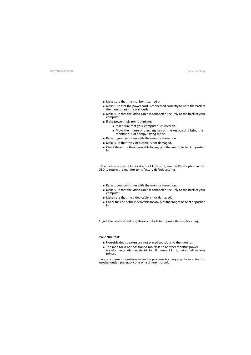 Troubleshooting, No picture, Picture is scrambled | Display colors are wrong, Picture is fuzzy, Picture bounces, jitters, or has waves | Gateway VX765 User Manual | Page 11 / 22