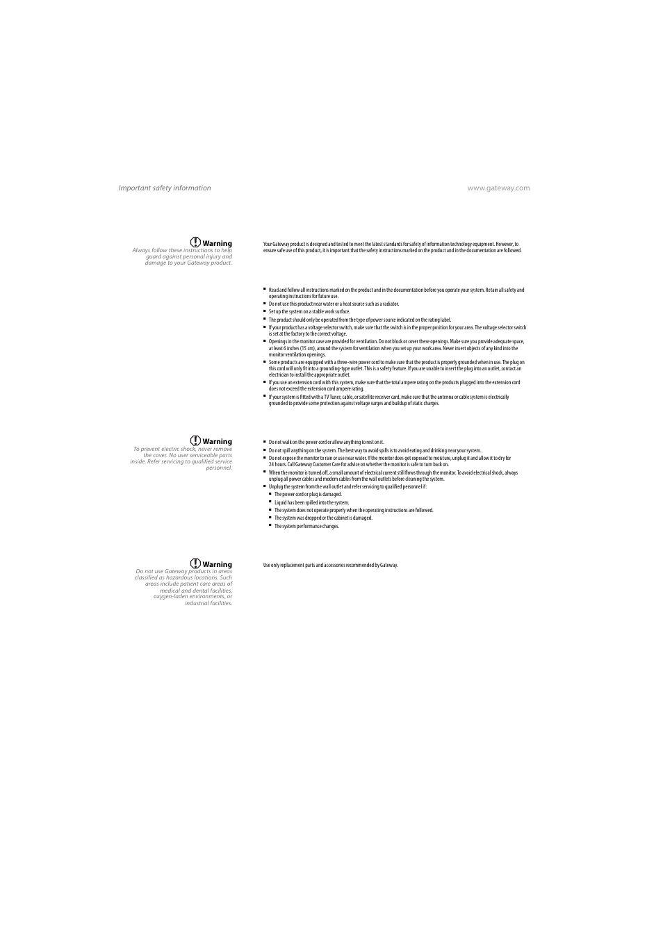 Important safety information, Setting up your system, Care during use | Replacement parts and accessories | Gateway VX765 User Manual | Page 16 / 22