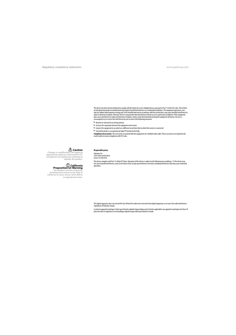 Regulatory compliance statements, United states of america, Canada | Gateway VX765 User Manual | Page 18 / 22