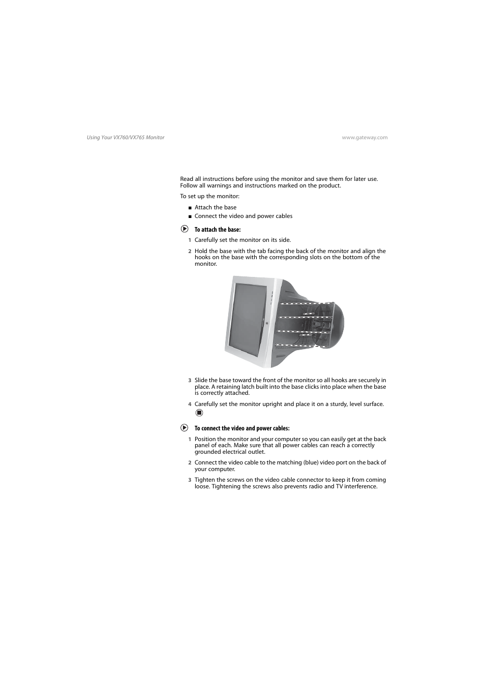 Setting up the monitor, To attach the base, To connect the video and power cables | Gateway VX765 User Manual | Page 6 / 22