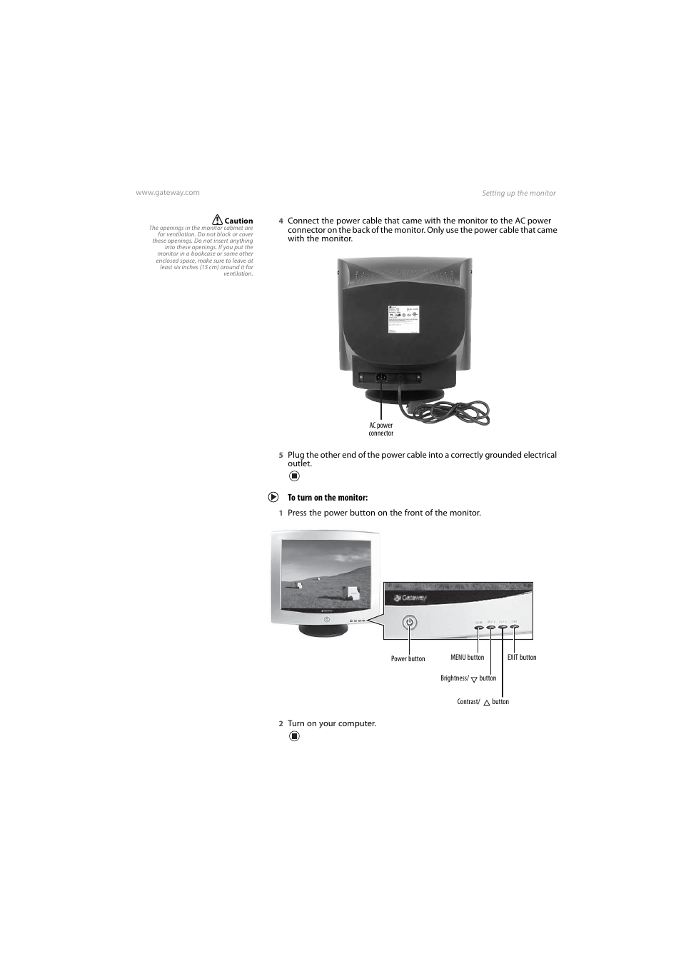 To turn on the monitor | Gateway VX765 User Manual | Page 7 / 22