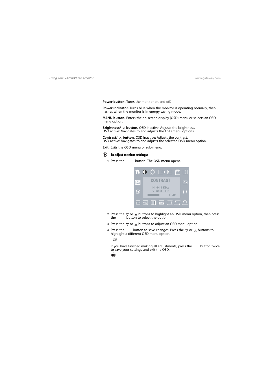 Adjusting settings, To adjust monitor settings | Gateway VX765 User Manual | Page 8 / 22