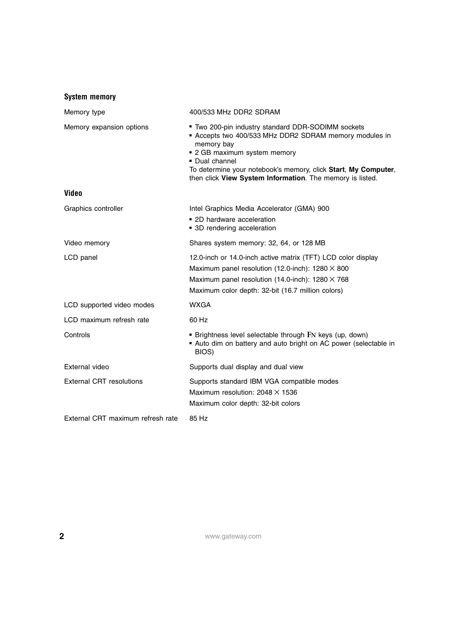 System memory, Video | Gateway 3600 User Manual | Page 2 / 7