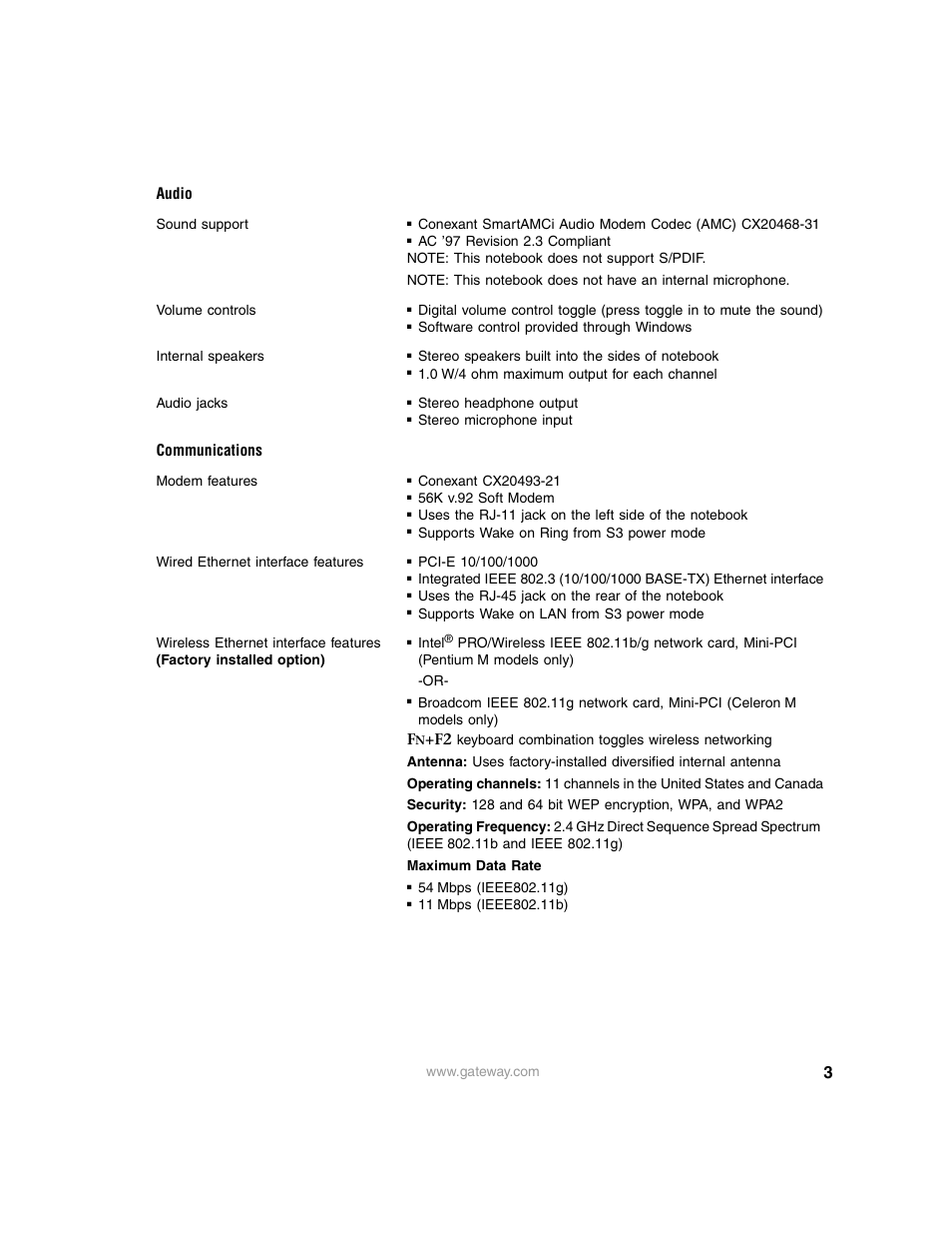 Audio, Communications | Gateway 3600 User Manual | Page 3 / 7