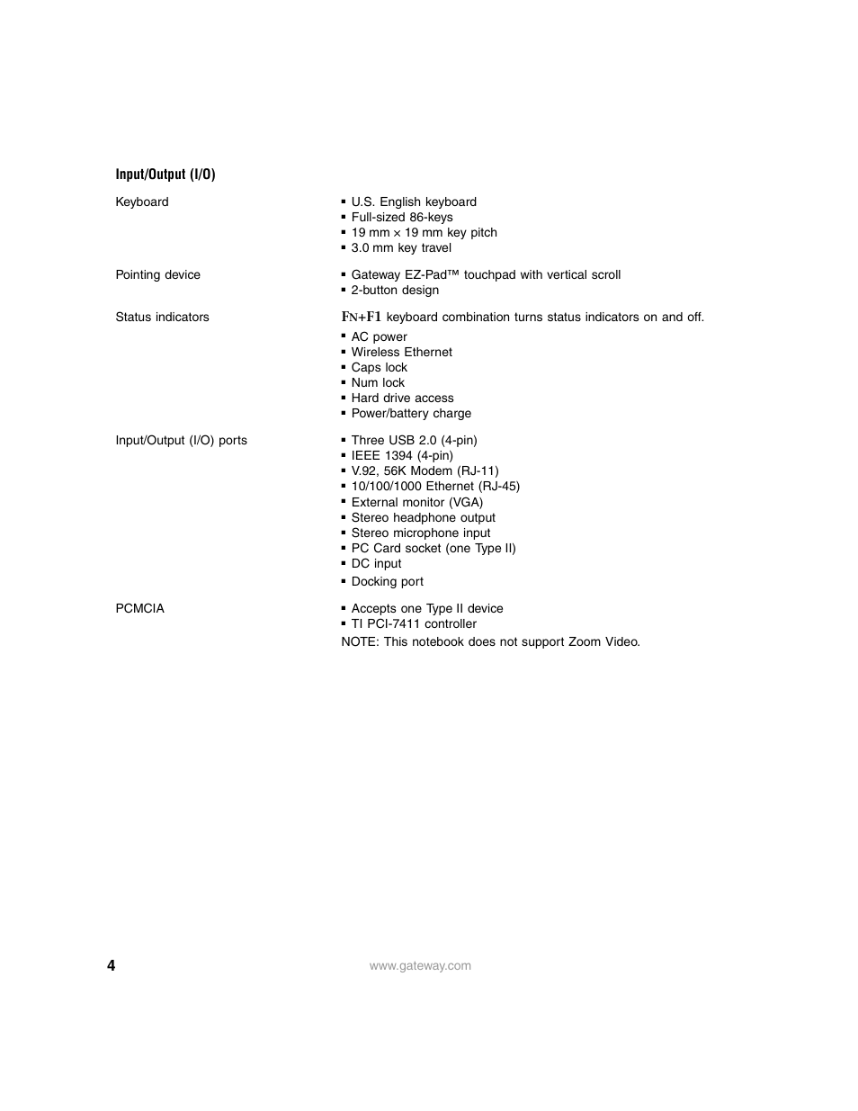 Input/output (i/o) | Gateway 3600 User Manual | Page 4 / 7