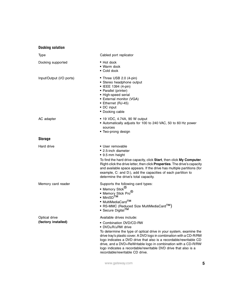 Docking solution, Storage | Gateway 3600 User Manual | Page 5 / 7