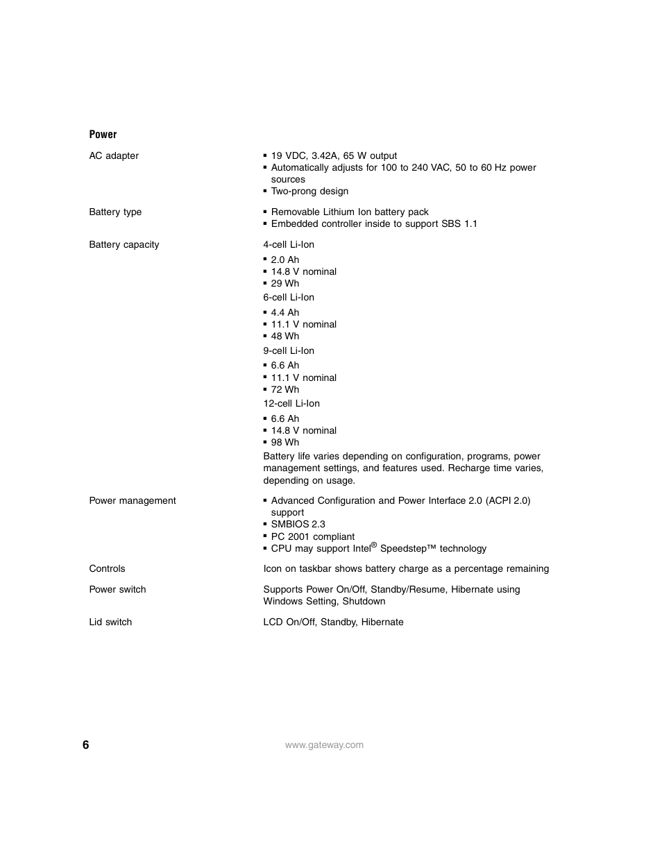 Power | Gateway 3600 User Manual | Page 6 / 7