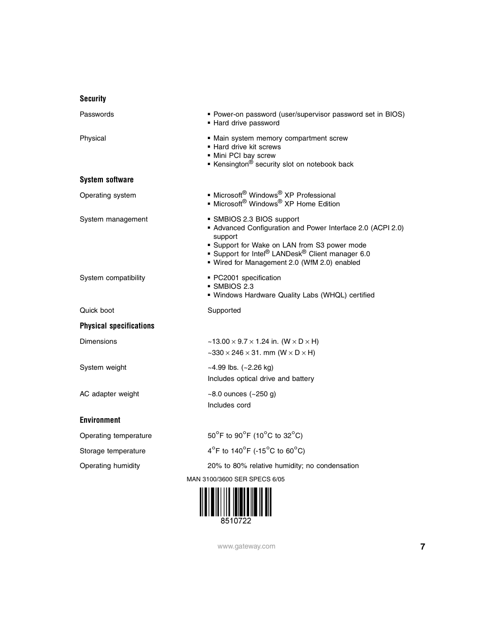 Security, System software, Physical specifications | Environment | Gateway 3600 User Manual | Page 7 / 7