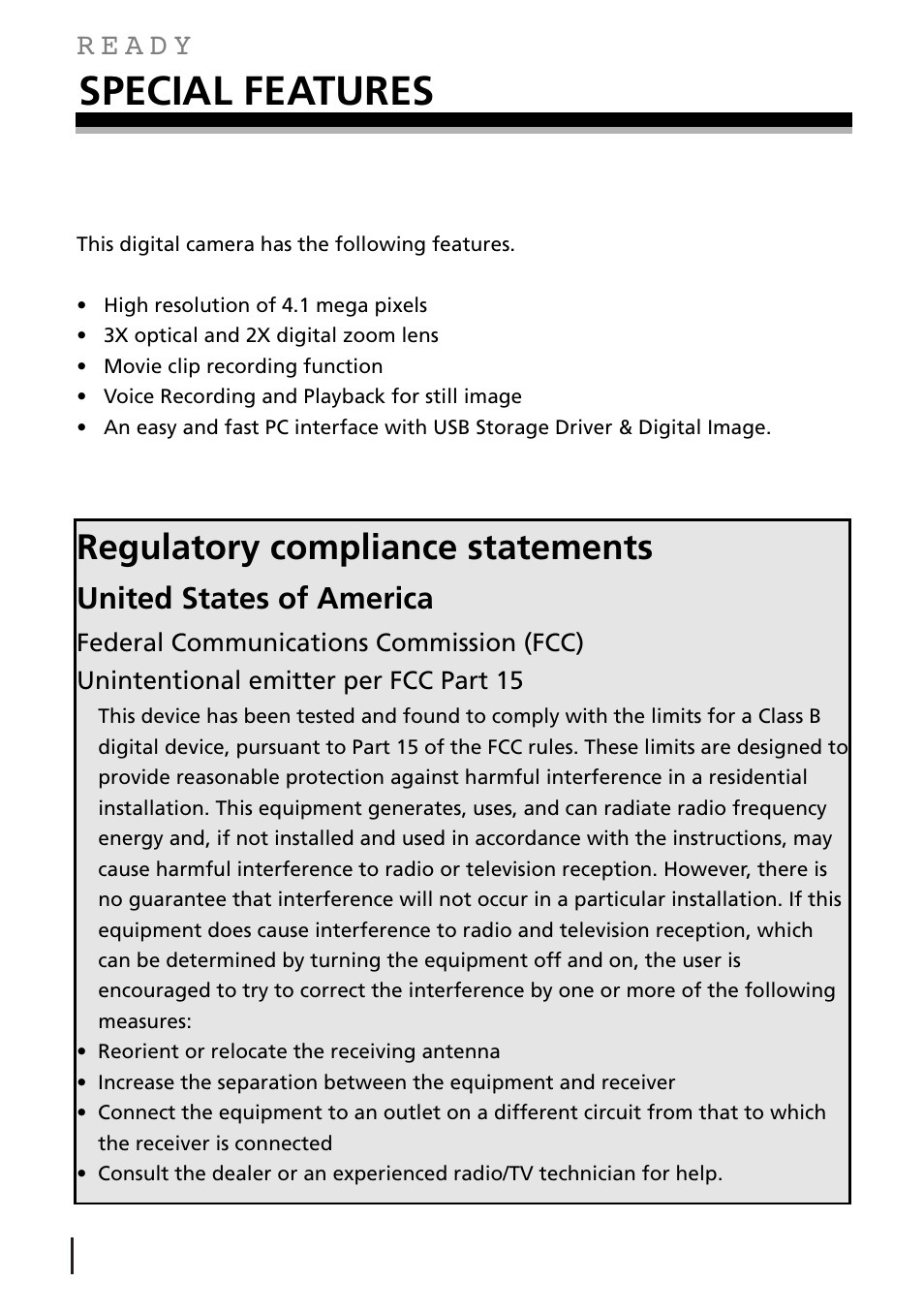 Special features, Regulatory compliance statements, United states of america | Gateway DC-M40 User Manual | Page 2 / 95