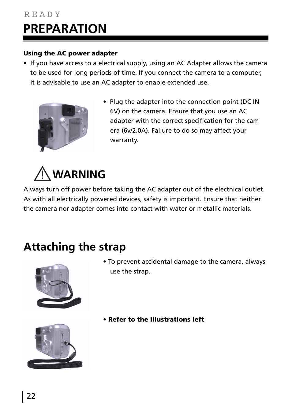 Preparation, Warning, Attaching the strap | Gateway DC-M40 User Manual | Page 22 / 95