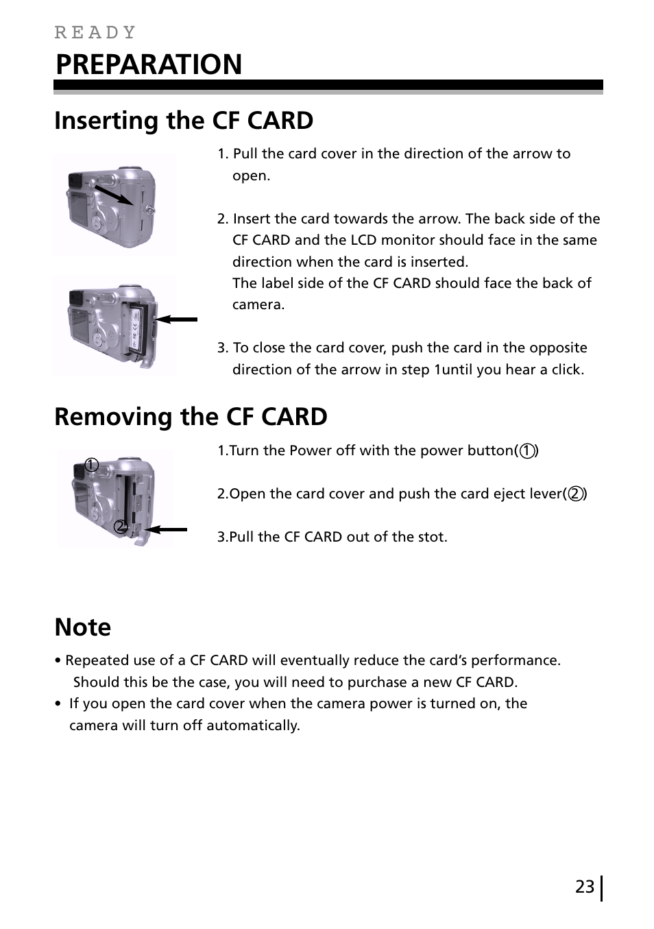 Preparation, Inserting the cf card, Removing the cf card | Gateway DC-M40 User Manual | Page 23 / 95