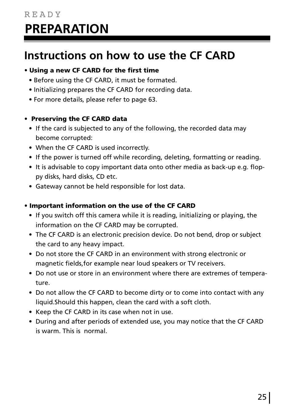 Preparation, Instructions on how to use the cf card | Gateway DC-M40 User Manual | Page 25 / 95