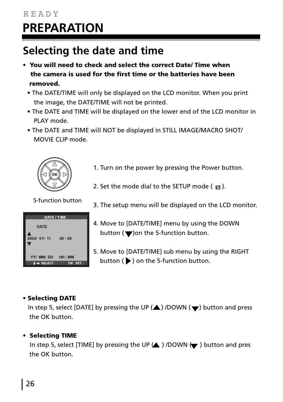 Preparation, Selecting the date and time | Gateway DC-M40 User Manual | Page 26 / 95