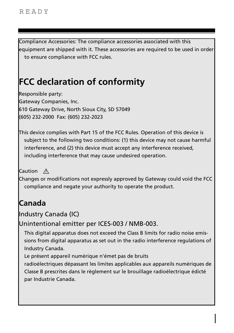 Fcc declaration of conformity, Canada | Gateway DC-M40 User Manual | Page 3 / 95