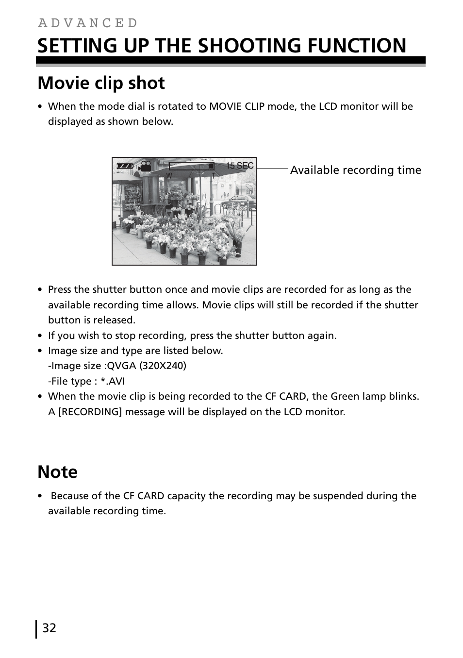 Setting up the shooting function, Movie clip shot | Gateway DC-M40 User Manual | Page 32 / 95