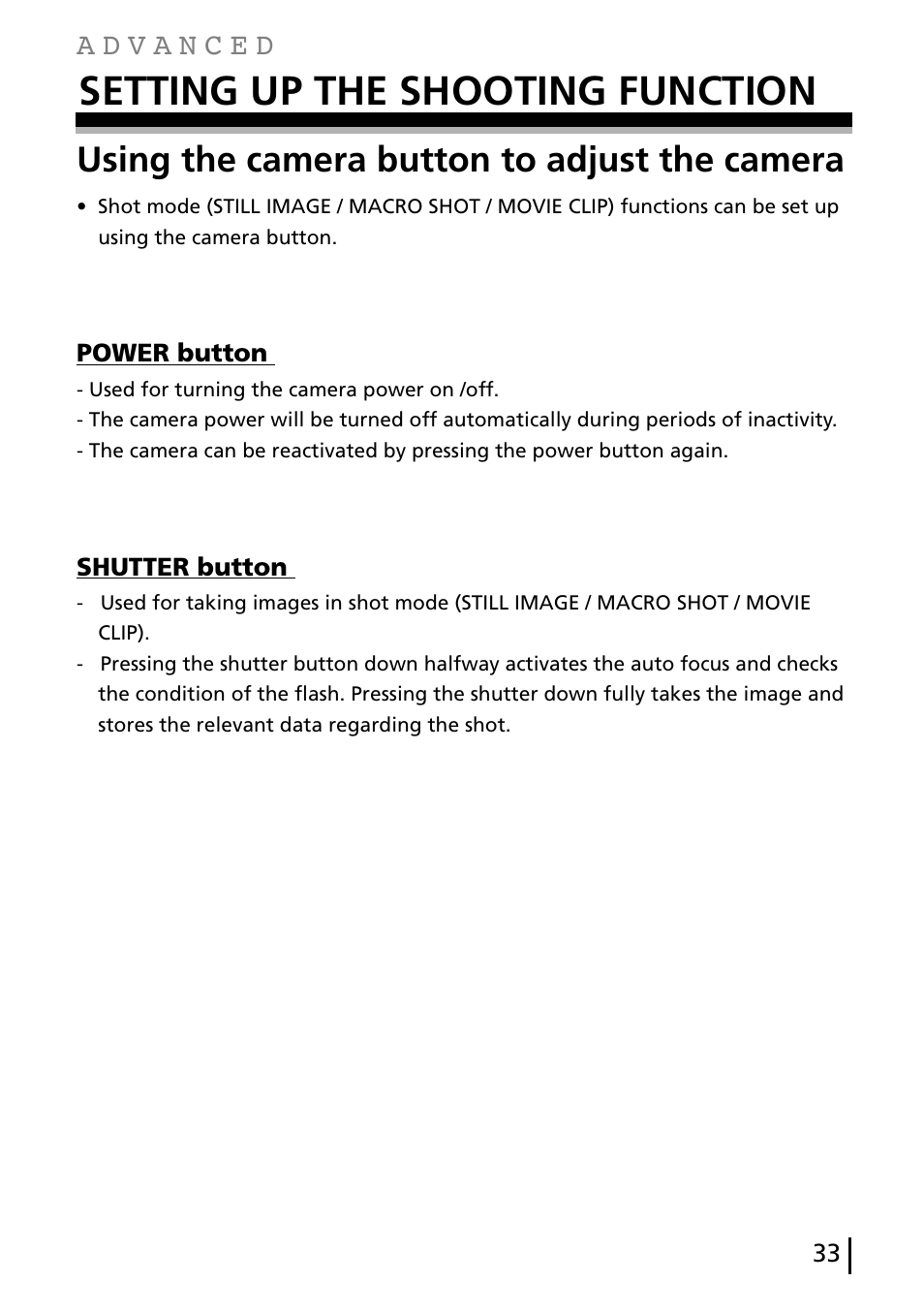 Setting up the shooting function, Using the camera button to adjust the camera | Gateway DC-M40 User Manual | Page 33 / 95