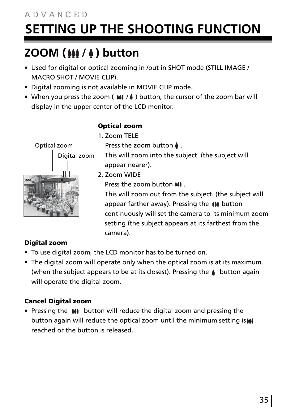 Setting up the shooting function, Zoom ( / ) button | Gateway DC-M40 User Manual | Page 35 / 95